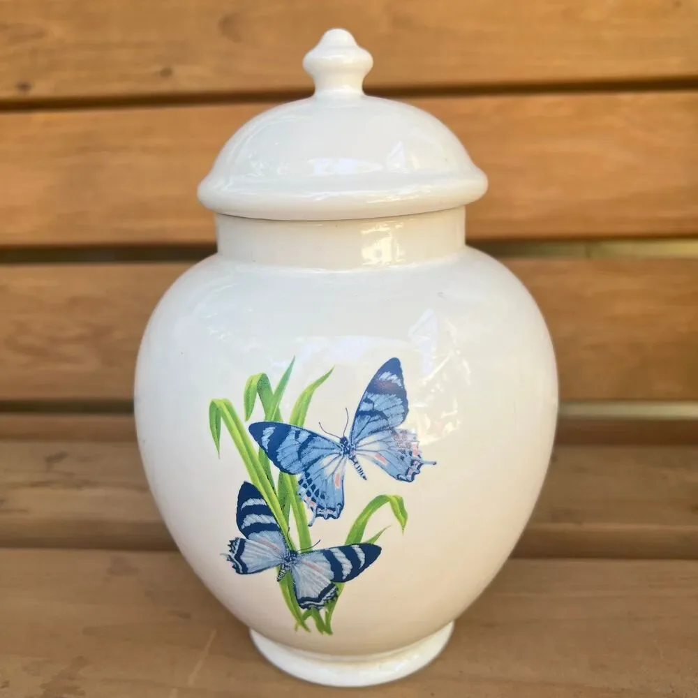 Vintage FTD white ceramic ginger jar blue butterflies